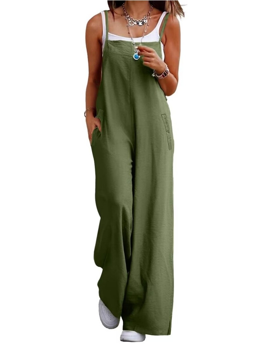 NEW Lightweight Boho Army Green Wide Leg Jumpsuit Adj Skinny Straps Pockets MED - Picture 6 of 13
